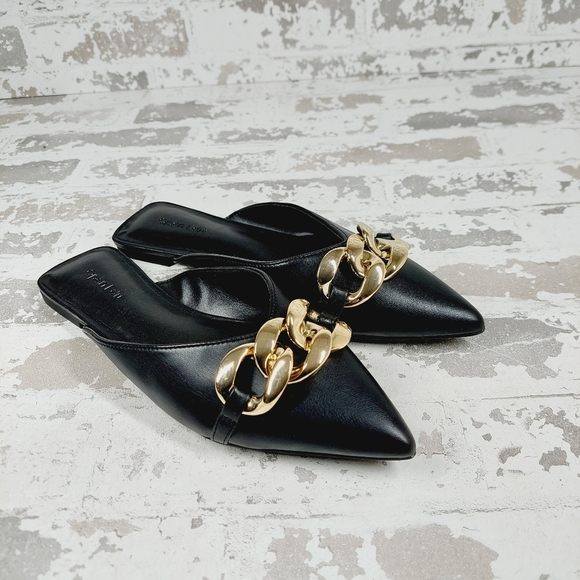 New Open Edit Kristina Black Faux Leather Chain Slip On Mules B21 - Picture 4 of 11